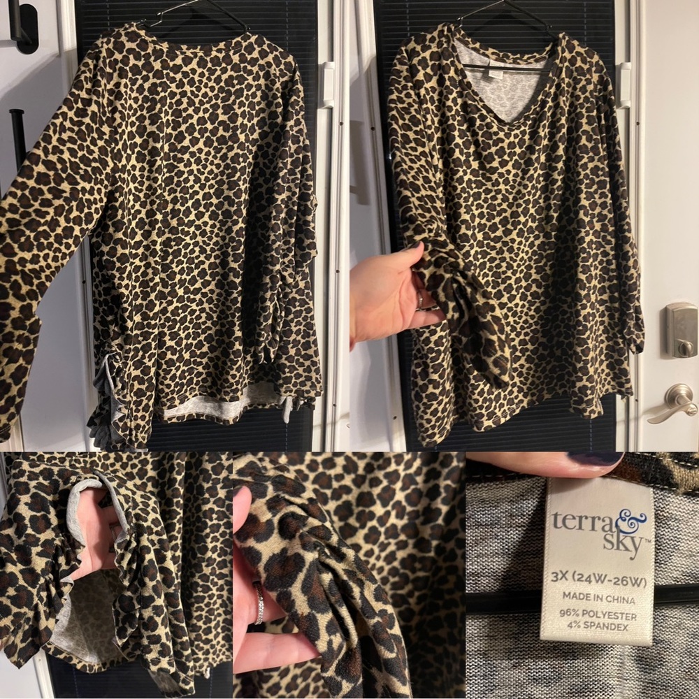 3X long sleeve top with ruffle hips and rouched sleeves! Terra & Sky!